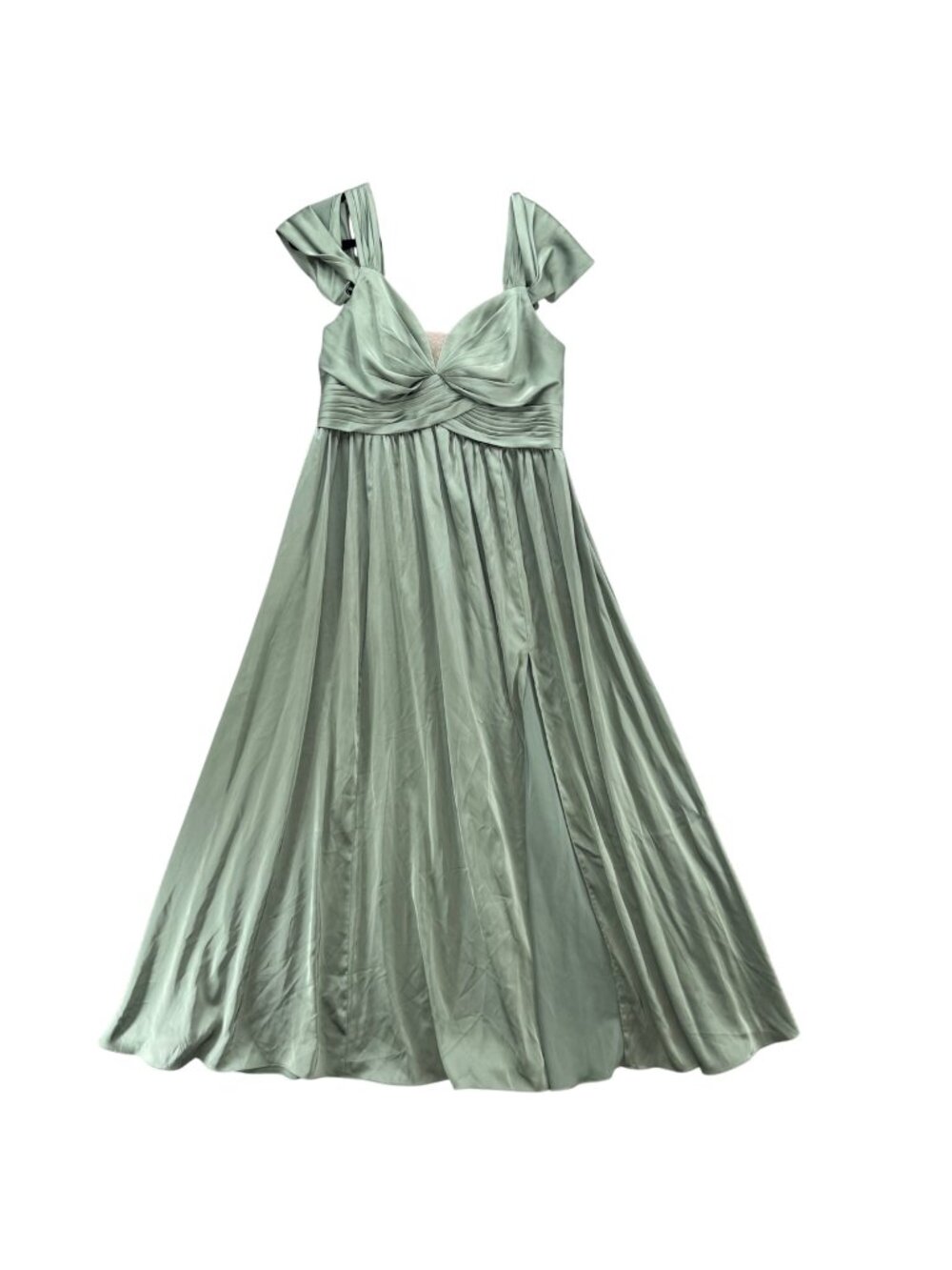Azazie Lianne Satin Maxi Dress Sage Green Pleated Formal Wedding Prom Size 16